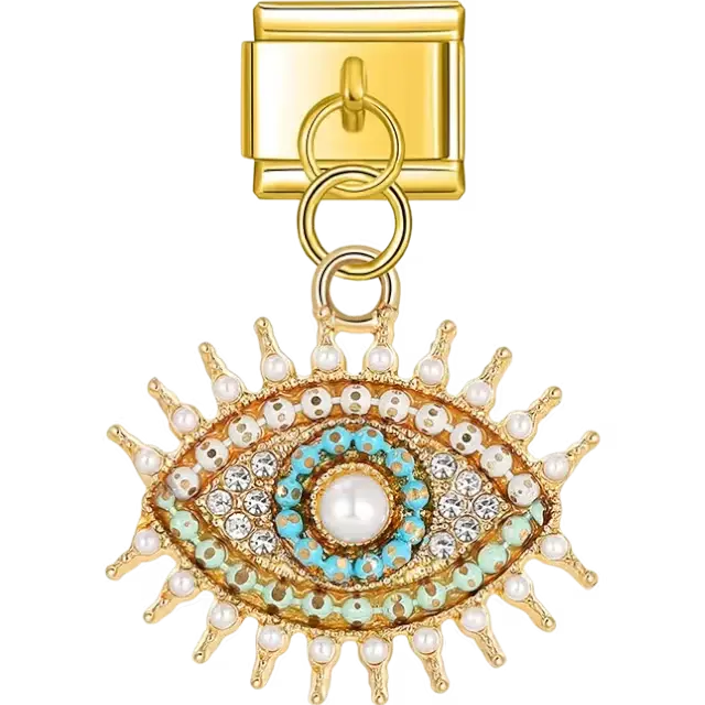 Dangle featuring an evil eye design with pearl bead accents and turquoise details Italian charm bracelet link