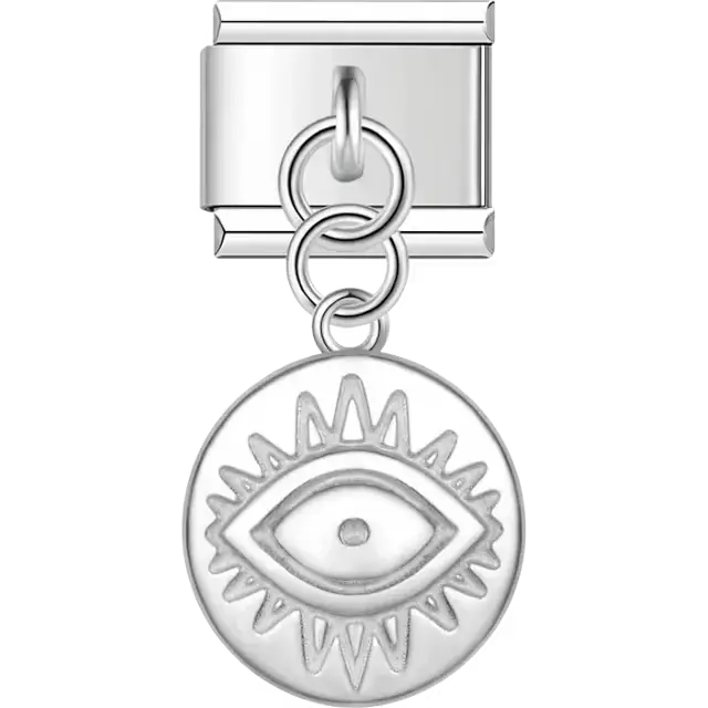 Silver round evil eye protection symbol pendant dangle Italian charm bracelet link