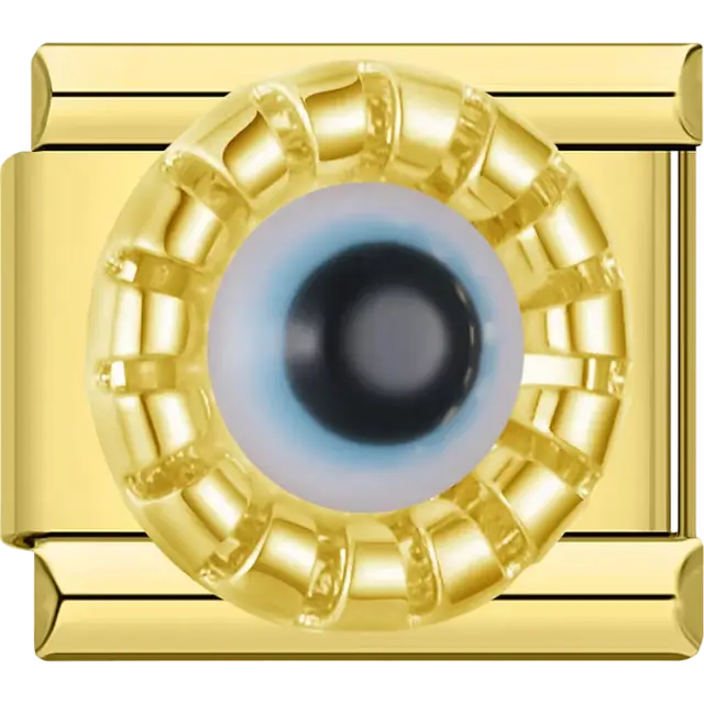 Blue evil eye with gold ribbed border Italian charm bracelet link