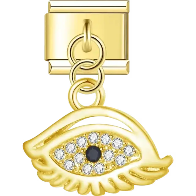 Evil eye dangle design with crystal details and lash accents Italian charm bracelet link