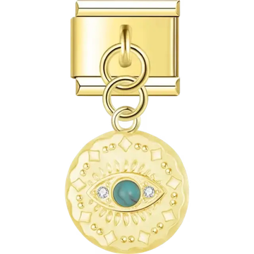 Gold medallion charm featuring an evil eye design with a turquoise center and clear gemstones Italian charm bracelet link