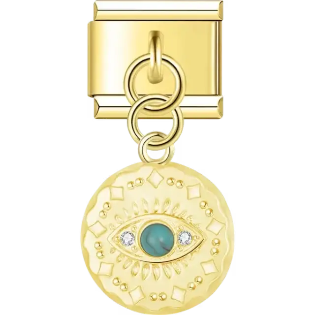 Gold medallion charm featuring an evil eye design with a turquoise center and clear gemstones Italian charm bracelet link