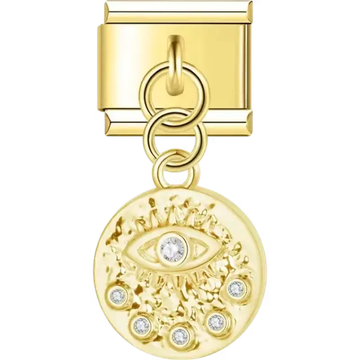 Gold medallion pendant featuring an evil eye design with clear gemstones Italian charm bracelet link