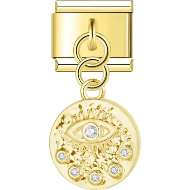 Gold medallion pendant featuring an evil eye design with clear gemstones Italian charm bracelet link