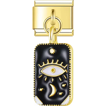 Black enamel rectangle with gold evil eye crescent moon and stars Italian charm bracelet link