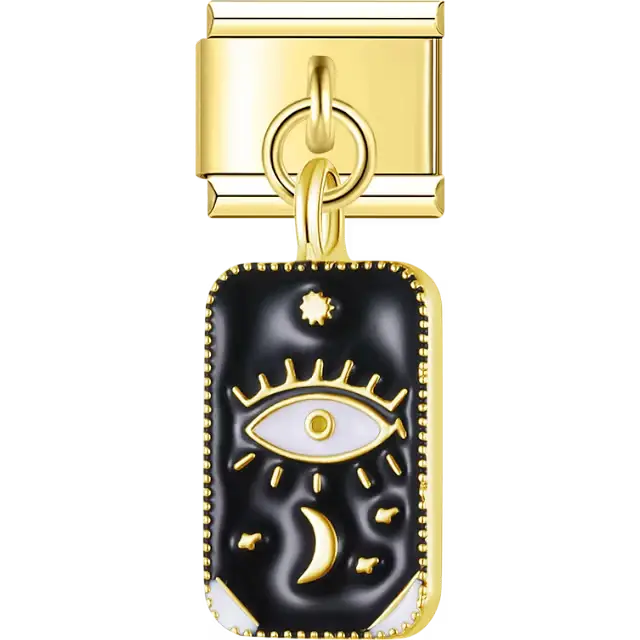 Black enamel rectangle with gold evil eye crescent moon and stars Italian charm bracelet link