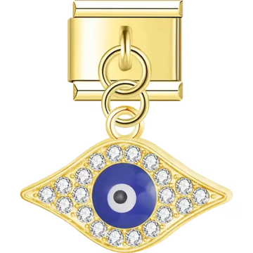 Gold dangling eye-shaped design featuring a blue evil eye surrounded by clear crystals Italian charm bracelet link