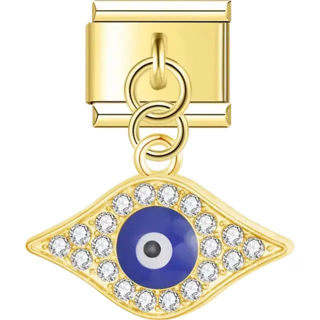 Gold dangling eye-shaped design featuring a blue evil eye surrounded by clear crystals Italian charm bracelet link