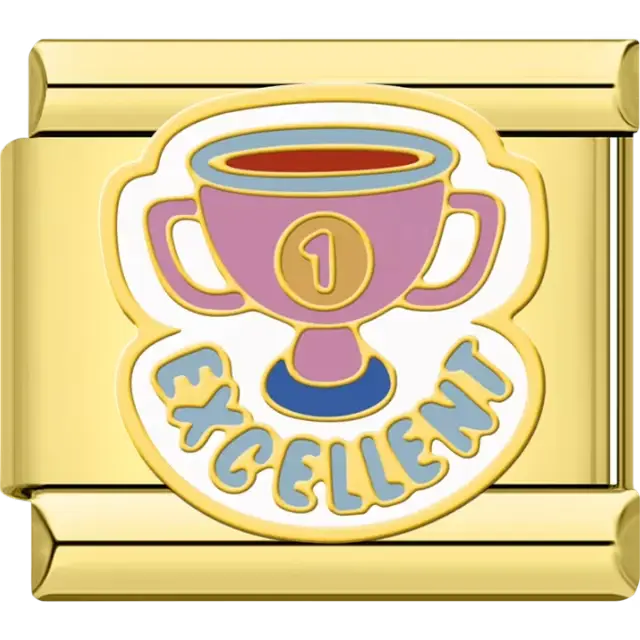 Pink trophy with a gold "1" and the word "EXCELLENT" in bold yellow letters Italian charm bracelet link