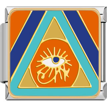 White and gold Eye of Horus at the center of orange, turquoise, and blue triangle patterns representing protection and healing in ancient Egyptian mythology Italian charm bracelet link