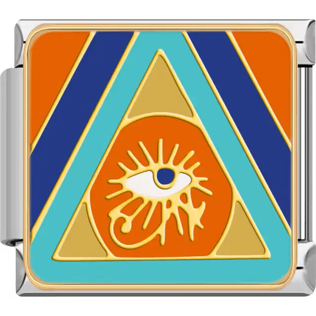 White and gold Eye of Horus at the center of orange, turquoise, and blue triangle patterns representing protection and healing in ancient Egyptian mythology Italian charm bracelet link