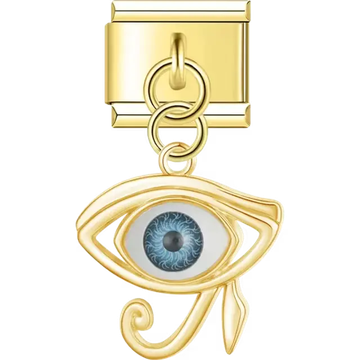 Gold dangling Eye of Ra design with a detailed blue pupil Italian charm bracelet link