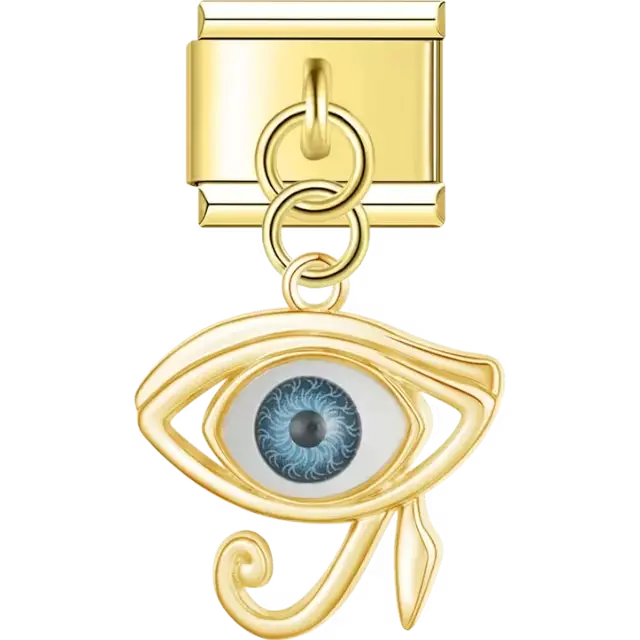 Gold dangling Eye of Ra design with a detailed blue pupil Italian charm bracelet link