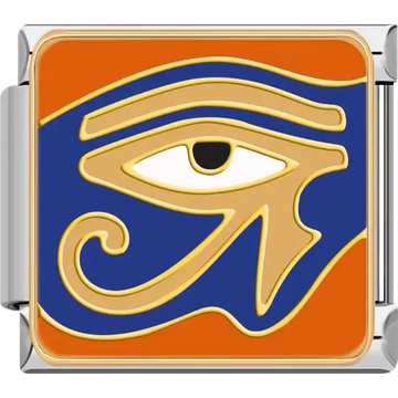Blue and gold Eye of Ra with bold swirling lines on an orange background symbolizing power and protection in ancient Egyptian mythology Italian charm bracelet link