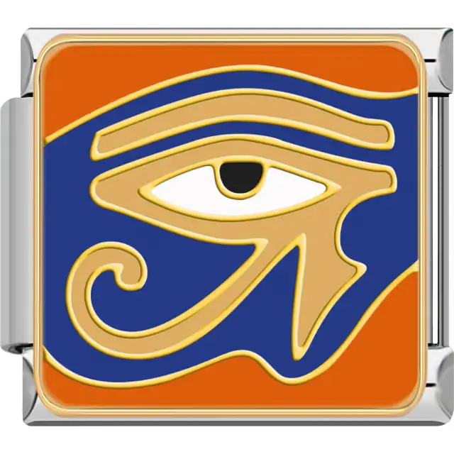Blue and gold Eye of Ra with bold swirling lines on an orange background symbolizing power and protection in ancient Egyptian mythology Italian charm bracelet link