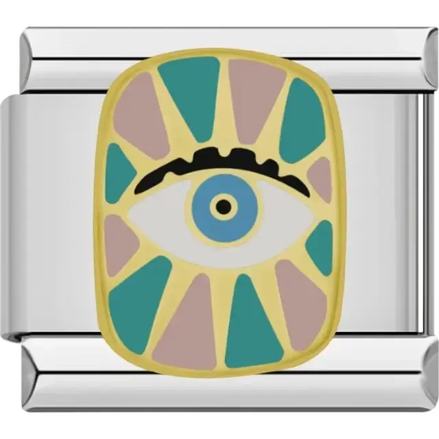 Gold eye symbol with blue and teal geometric design Italian charm bracelet link