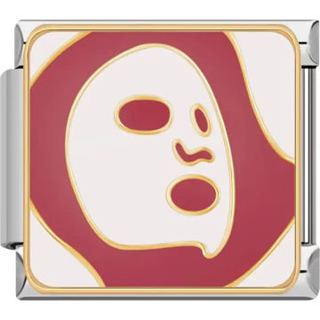 Stylized face mask design in white and red with gold accents Italian charm bracelet link