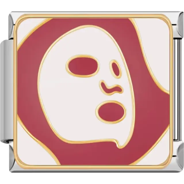 Stylized face mask design in white and red with gold accents Italian charm bracelet link
