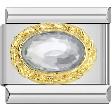 Faceted clear oval stone with textured gold border Italian charm bracelet link