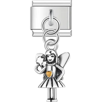 Silver dangling fairy holding a wand with a gold heart accent Italian charm bracelet link