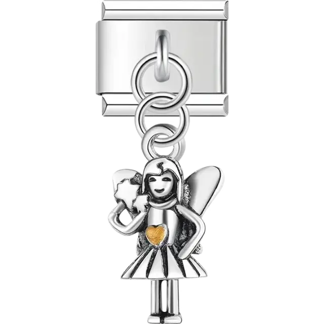 Silver dangling fairy holding a wand with a gold heart accent Italian charm bracelet link