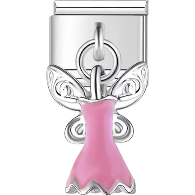 Pink fairy dress with detailed wings dangling Italian charm bracelet link