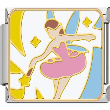 Pink fairy silhouette blue wings waving wand yellow stars Italian charm bracelet link