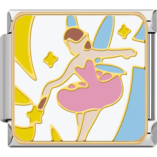 Pink fairy silhouette blue wings waving wand yellow stars Italian charm bracelet link