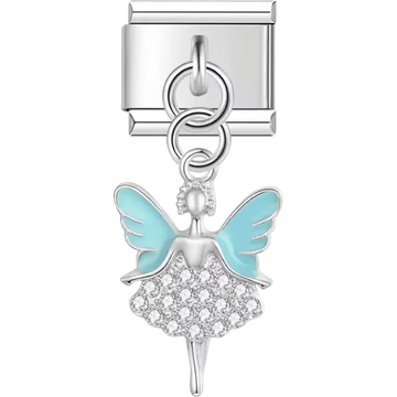 Fairy with light blue wings and gemstone skirt detail dangle Italian charm bracelet link