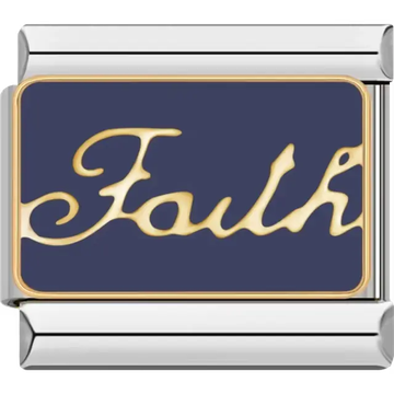 Gold "Faith" script on a navy blue background Italian charm bracelet link
