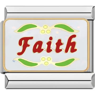 Red "Faith" text with green leaves and gold accents Italian charm bracelet link