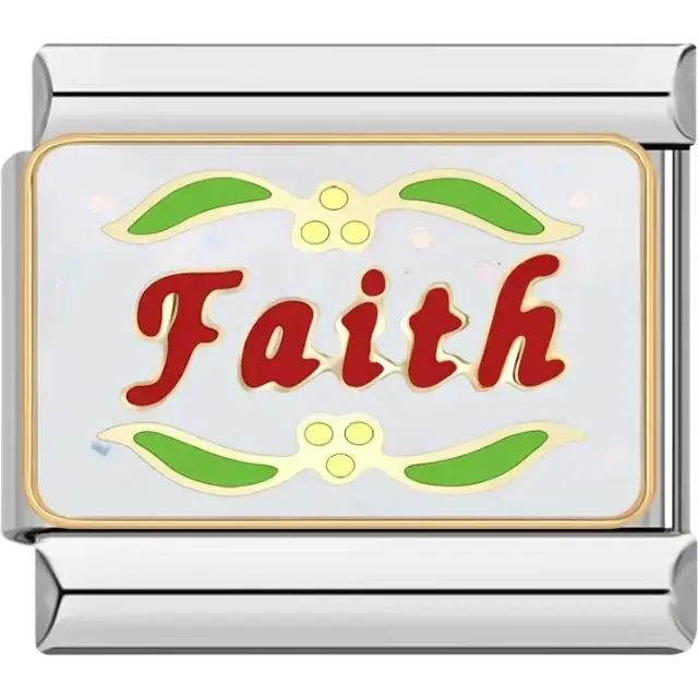 Red "Faith" text with green leaves and gold accents Italian charm bracelet link