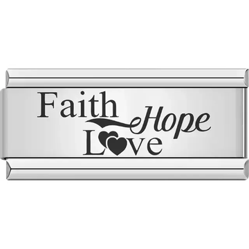 Black text "Faith Hope Love" with a heart and leaf accent Italian charm bracelet link