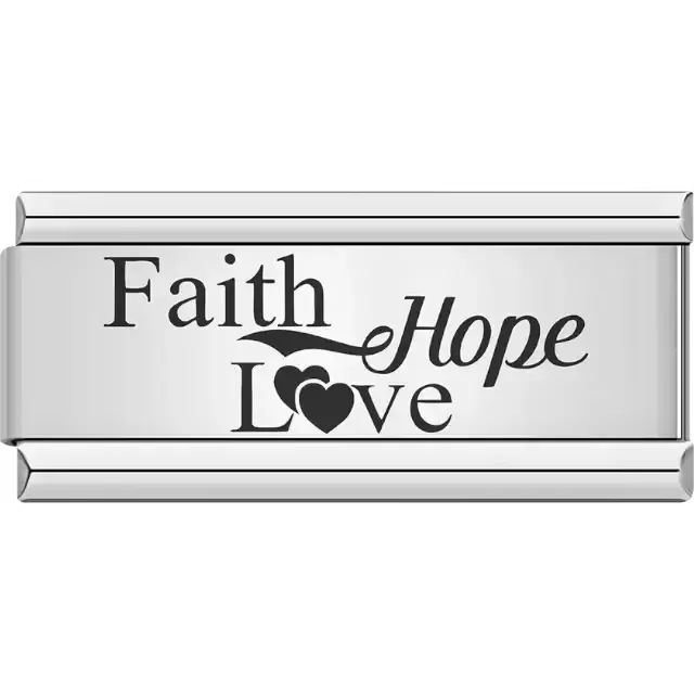 Black text "Faith Hope Love" with a heart and leaf accent Italian charm bracelet link