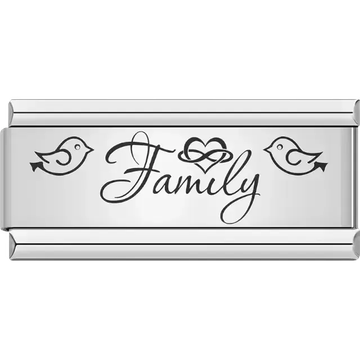 Black cursive "Family" text with a heart design and two birds facing inward Italian charm bracelet link