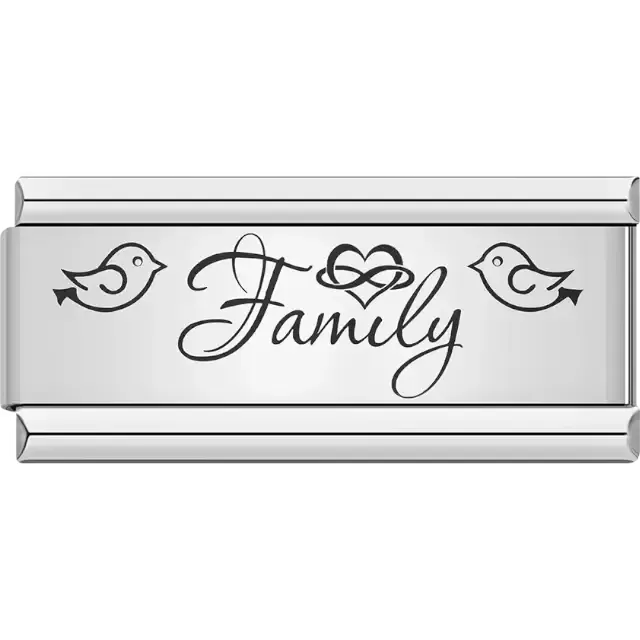 Black cursive "Family" text with a heart design and two birds facing inward Italian charm bracelet link
