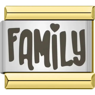 Black text with heart accent spelling "FAMILY" Italian charm bracelet link