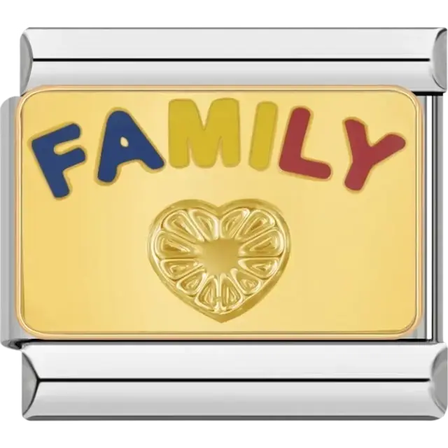 “Family” text with colorful letters and gold heart Italian charm bracelet link
