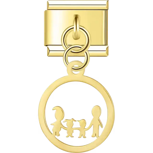 Open circle with two people and dog cutout dangle Italian charm bracelet link