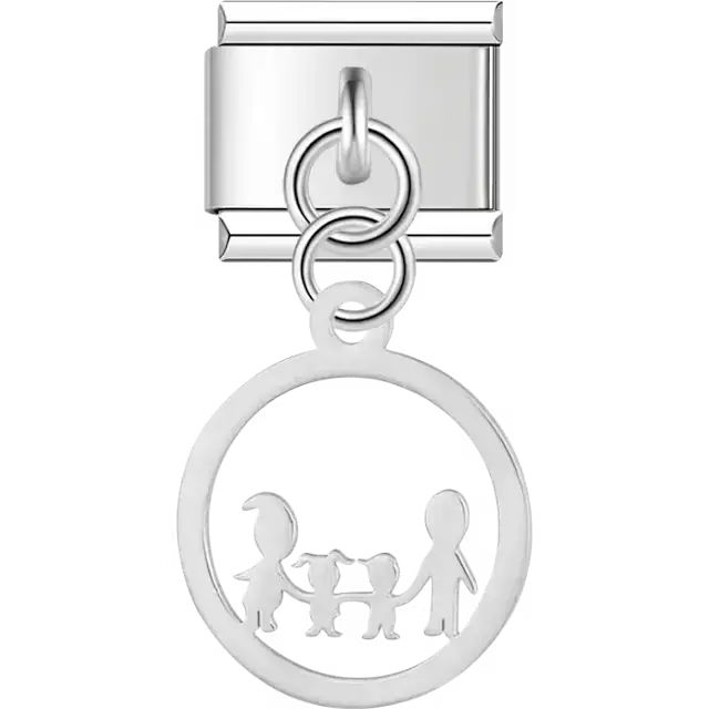 Open circle with two people and dog cutout dangle Italian charm bracelet link