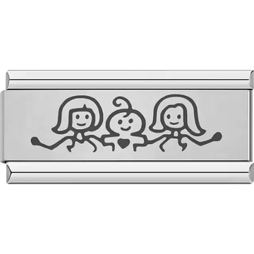 Three smiling doodle figures holding hands with heart detail Italian charm bracelet link
