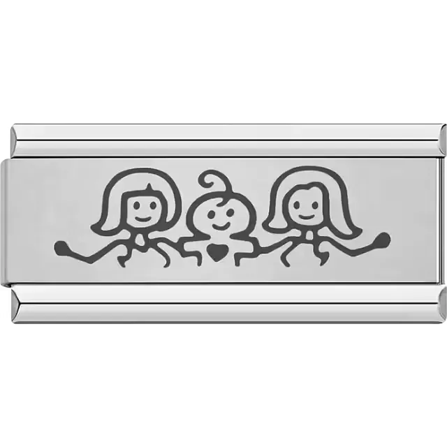 Three smiling doodle figures holding hands with heart detail Italian charm bracelet link