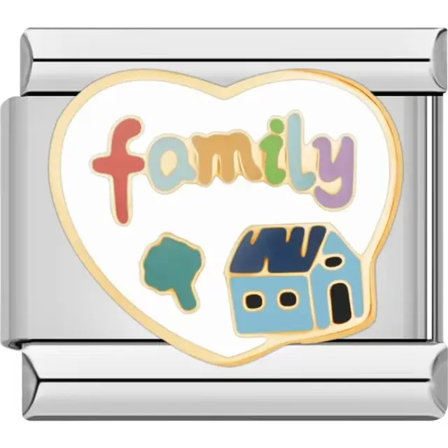 Multicolor family text with green tree and blue house inside gold heart Italian charm bracelet link
