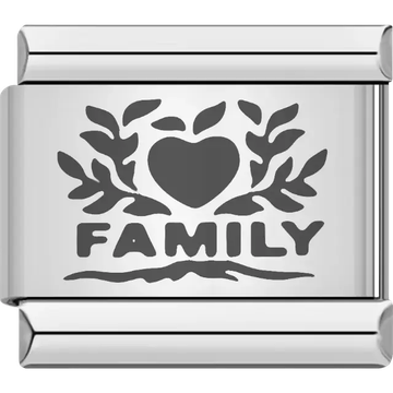Heart with leaf accents and bold "Family" text Italian charm bracelet link