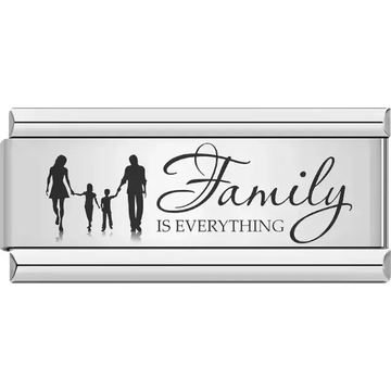 Black silhouette of a family holding hands with cursive text "Family IS EVERYTHING" Italian charm bracelet link