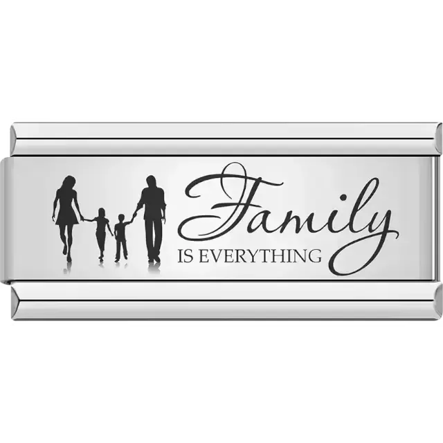 Black silhouette of a family holding hands with cursive text "Family IS EVERYTHING" Italian charm bracelet link