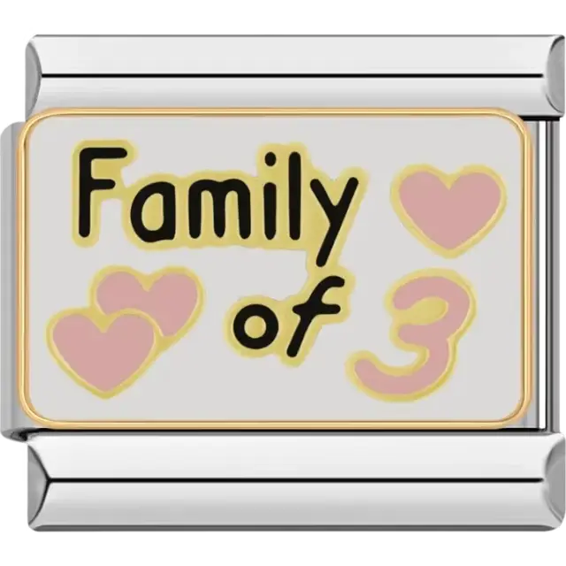 "Family of 3" text with pink hearts Italian charm bracelet link