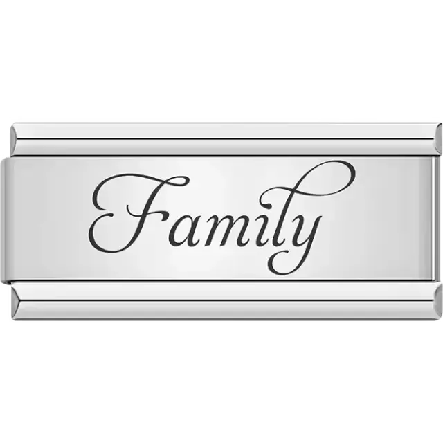 Cursive word "Family" in black Italian charm bracelet link