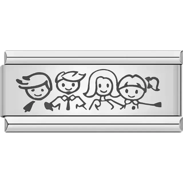 Black stick figure family with two parents and two children holding hands Italian charm bracelet link