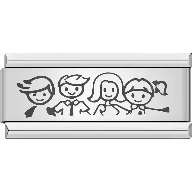 Black stick figure family with two parents and two children holding hands Italian charm bracelet link